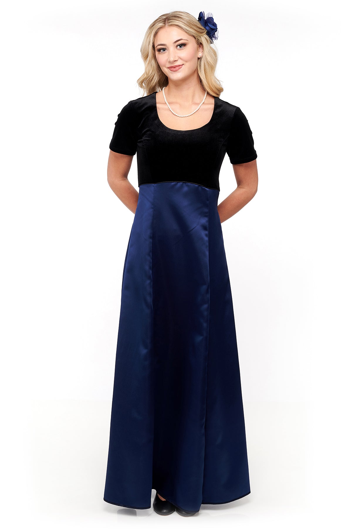 NEW! NEELA (Style #2693) - Velvet Scoop Neck, Short Sleeve Dress with Navy Skirt