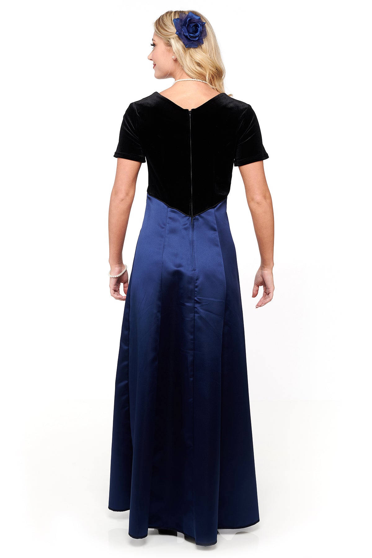 NEW! NEELA (Style #2693) - Velvet Scoop Neck, Short Sleeve Dress with Navy Skirt