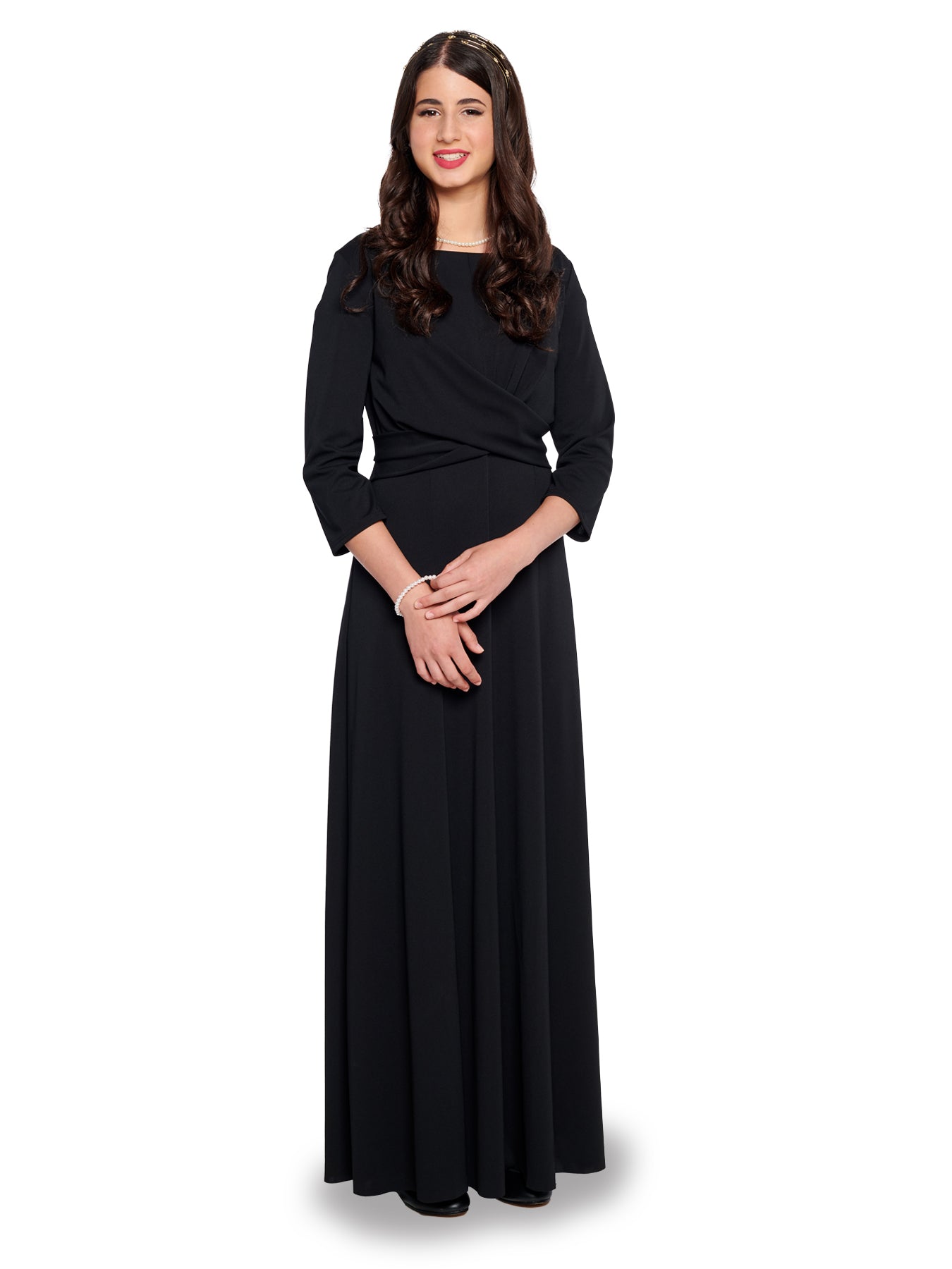 ALEXIS (Style #122) - High Scoop Neck, 3/4 Sleeve, Twist Front Gown